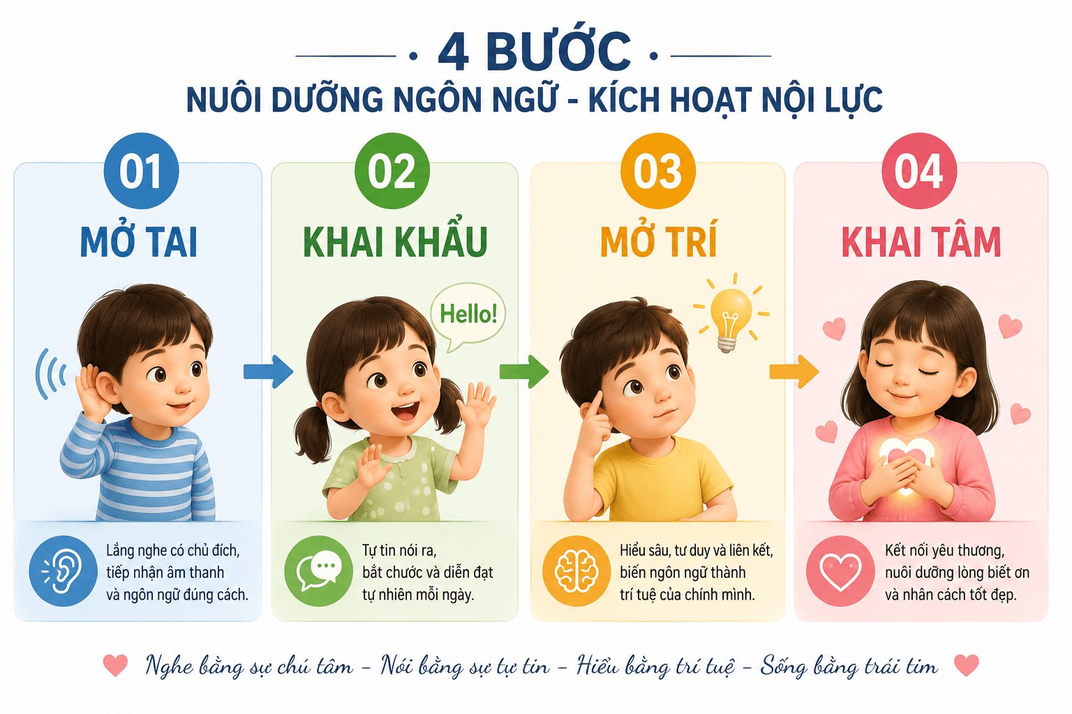 4 bước nuôi dưỡng ngôn ngữ: Mở Tai, Khai Khẩu, Mở Trí, Khai Tâm